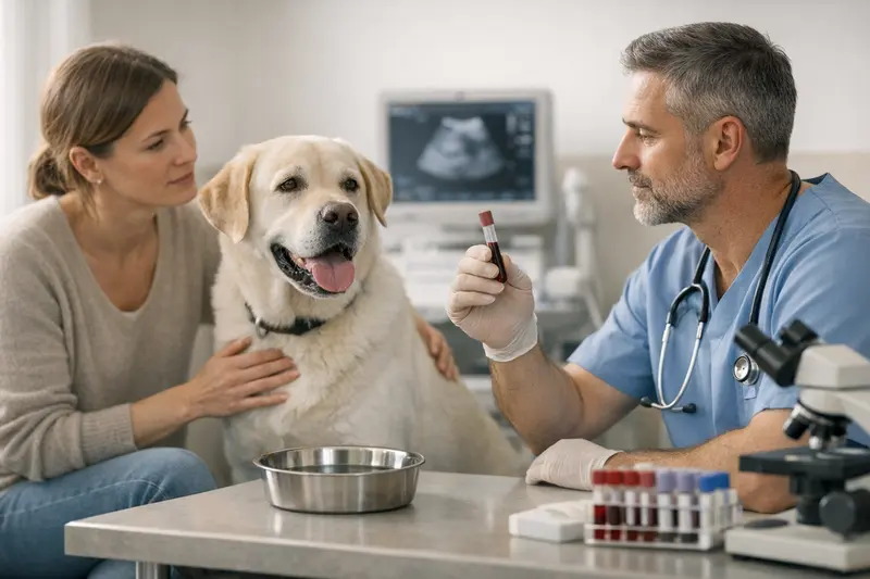 Tierarzt Blutuntersuchung Hund Ein Tierarzt führt eine Blutuntersuchung bei einem Hund durch, um die Ursachen für starken Durst zu diagnostizieren.