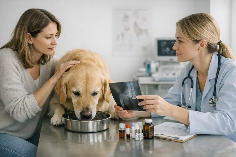 Tierärztliche Untersuchung bei Hund auf Polydipsie Ein Hund wird tierärztlich untersucht, um mögliche gesundheitliche Probleme wie Polydipsie zu diagnostizieren.