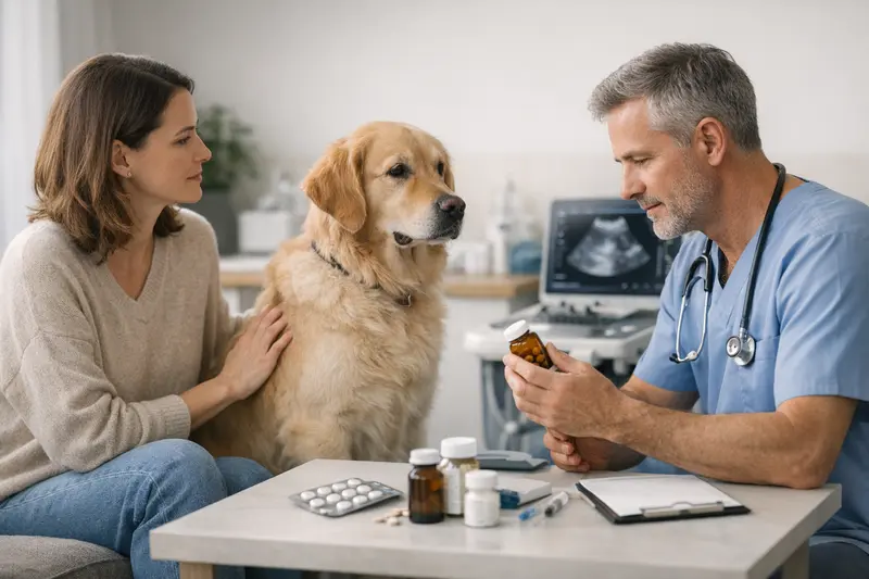 Hundekrankenversicherung und Tierarztkosten Hundehalter konsultiert einen Tierarzt über Versicherungsoptionen für die medizinische Versorgung seines Hundes.