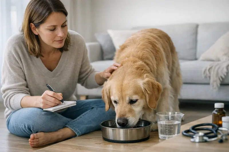 Ein Hund, der aus einem Wassernapf trinkt, während sein Besitzer besorgt zuschaut.
