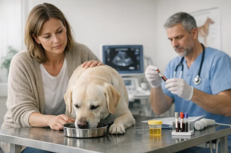 Tierarzt untersucht einen Hund mit starkem Durst auf gesundheitliche Probleme.