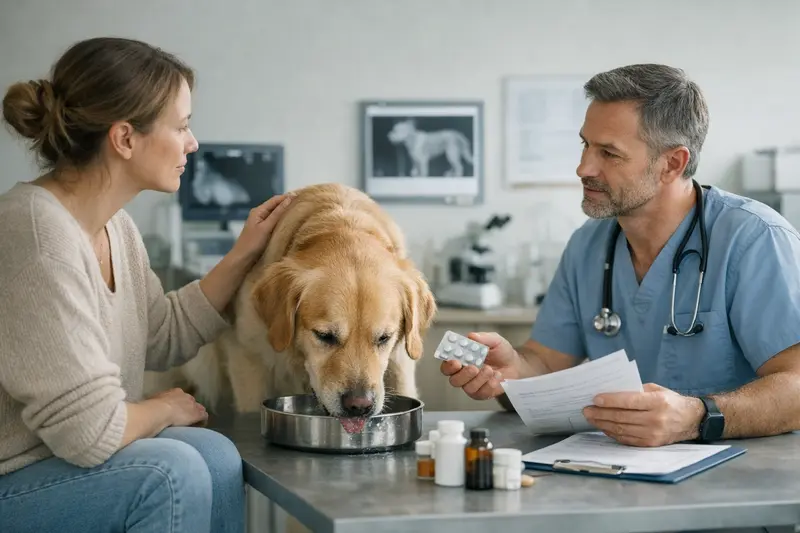 Wichtige Tarifmerkmale bei Hundekrankenversicherung Hund trinkt viel Wasser, ein Hinweis auf gesundheitliche Probleme, die tierärztliche Untersuchungen erfordern können.