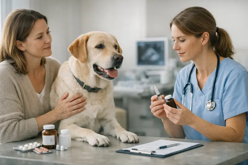 Diagnostik bei Hundekrankenversicherung Ein Hund erhält beim Tierarzt eine Untersuchung zur Diagnostik.