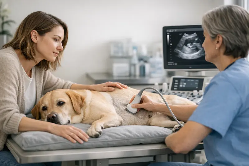 Ein Tierarzt untersucht einen Hund mit einem Ultraschallgerät, um mögliche Krankheiten festzustellen.