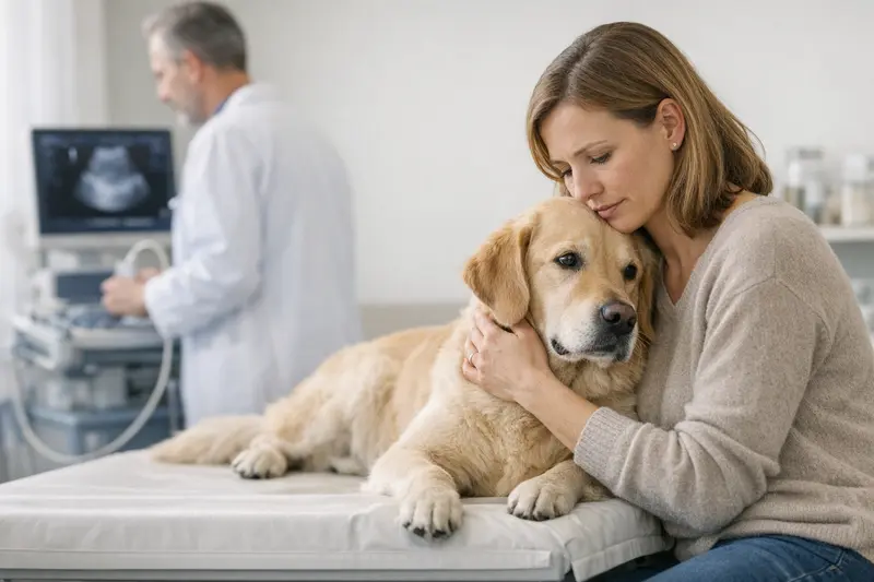 Ultraschalluntersuchung beim Hund Ein Tierarzt führt einen Ultraschall bei einem Hund durch, um mögliche gesundheitliche Probleme zu diagnostizieren.