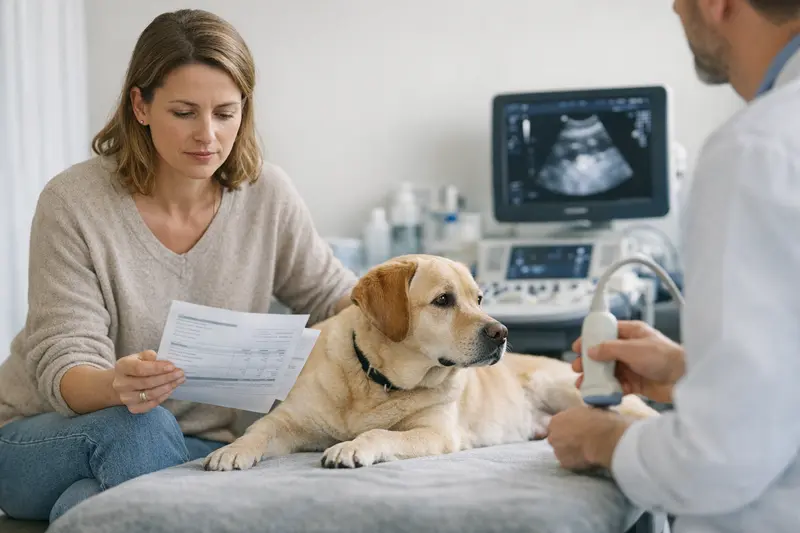 Untersuchungskosten für Hunde verstehen Hochwertige tierärztliche Untersuchung eines Hundes mit Fokus auf Ultraschalluntersuchung.