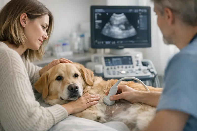 Ultraschalluntersuchung bei Hunden Bild eines Hundes beim Ultraschalluntersuchung auf einem Untersuchungstisch
