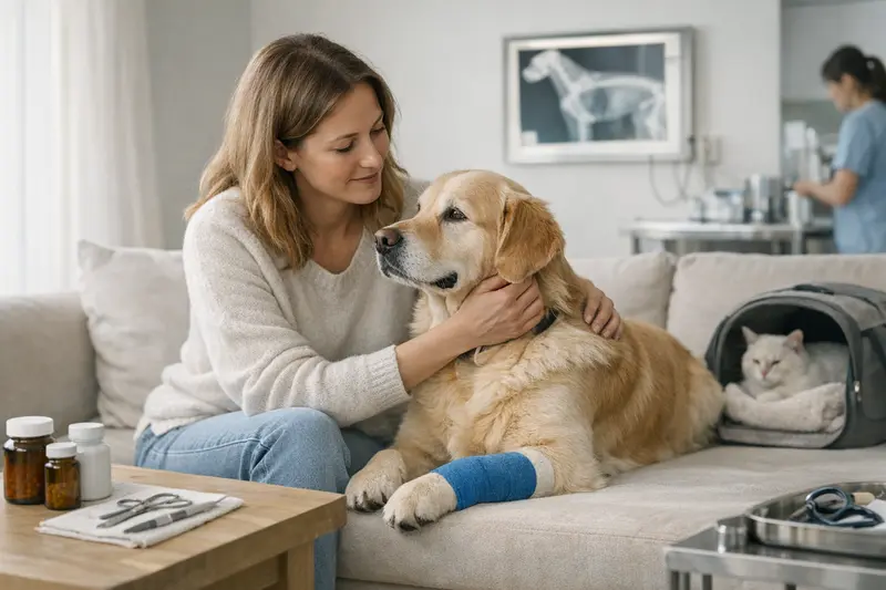 Unterschied zwischen OP- und Krankenversicherung für Tiere Ein Hund und eine Katze mit einem Tierarzt, die über die Unterschiede zwischen OP- und Krankenversicherung sprechen.