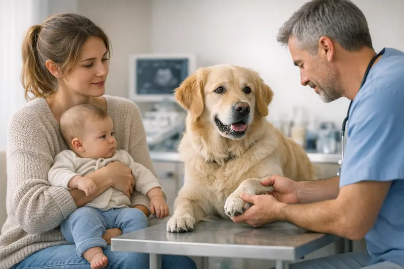 Familie beimTierarzt Familie mit Baby und Hund beim Tierarzt, um Versicherungsleistungen zu besprechen.