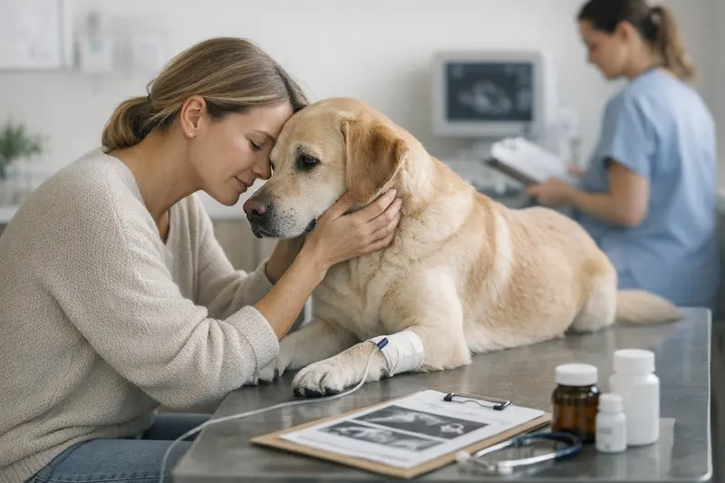 Ein Hund sitzt neben einem Tierarzt, während der Halter über wichtige Tarifpunkte bei Notfällen informiert wird.