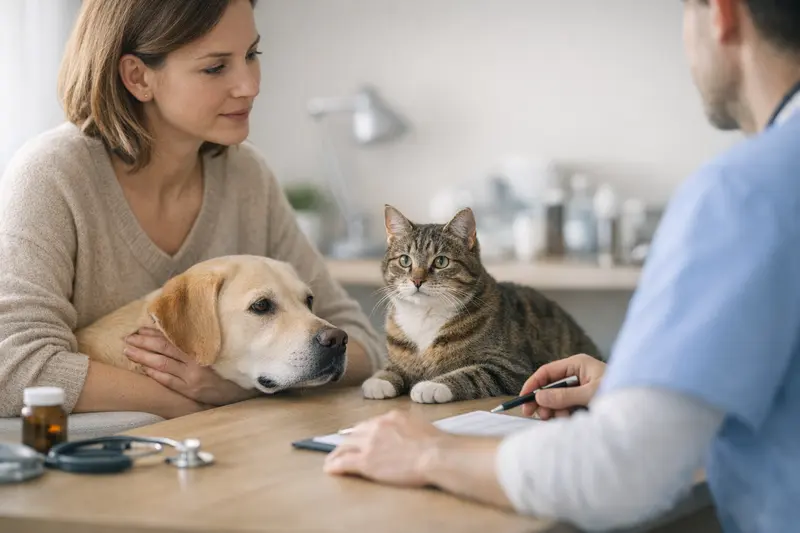 Hund und Katze gemeinsam im Garten Eine Katze und ein Hund entspannen zusammen im Garten, während sie auf ihre Tierarztkosten absichern.