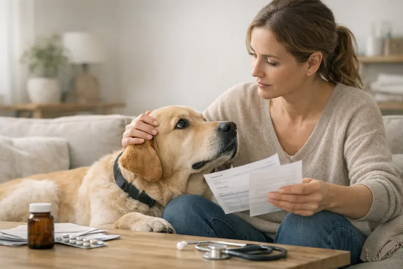 Hund und Katze beim Tierarzt Ein Hund und eine Katze stehen nebeneinander und schauen neugierig auf einen Tierarzt.