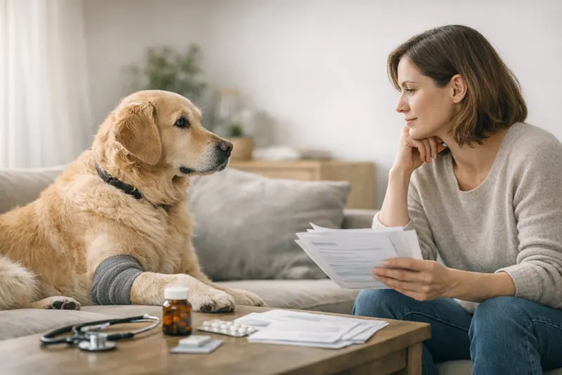 Wartezeiten und Vorerkrankungen bei Tierversicherungen Eine Hundebesitzerin bespricht mit einem Tierarzt wichtige Informationen zu Wartezeiten und Vorerkrankungen der Versicherung.