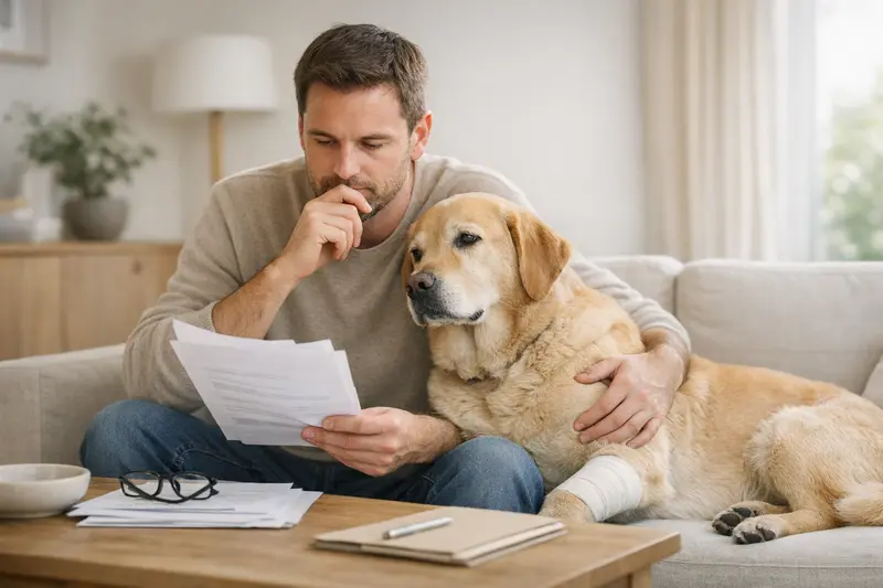 Ein Hund und eine Katze sitzen gemeinsam bei ihrem Tierarzt und werden untersucht, was die Bedeutung von Wartezeiten und Vorerkrankungen verdeutlicht.
