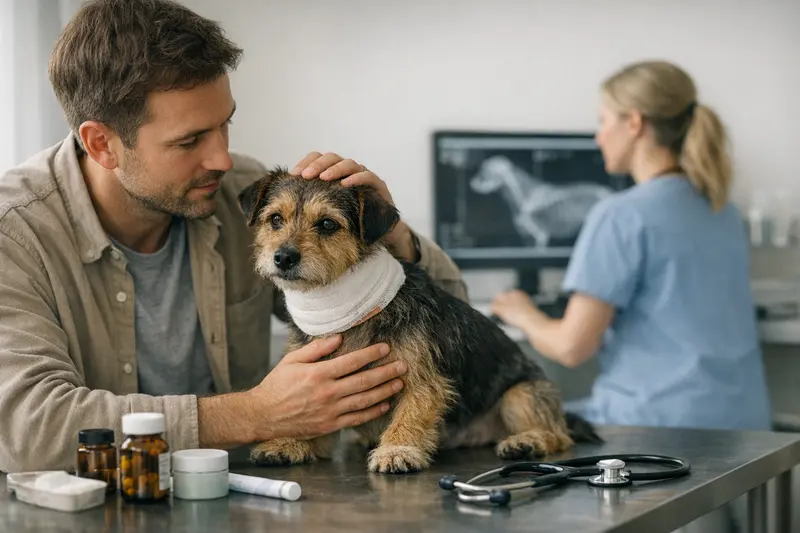 Tierarztkosten bei Bissverletzungen Tierarzt untersucht eine Bissverletzung bei einem Hund und erklärt die anfallenden Kosten.