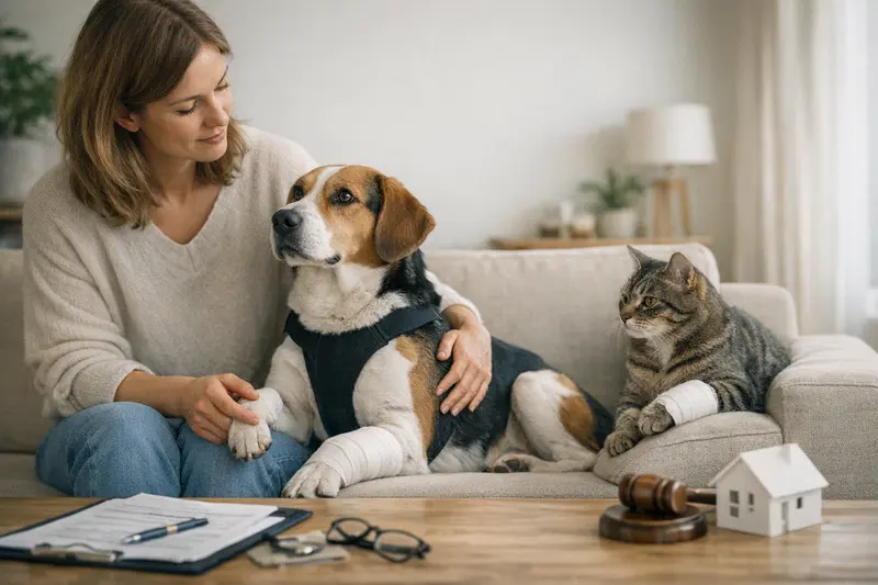 Versicherungen für Mehrtierhaushalte Hunde und Katzen spielen friedlich in einem Mehrtierhaushalt, während die Tierbesitzer über die passenden Versicherungen nachdenken.