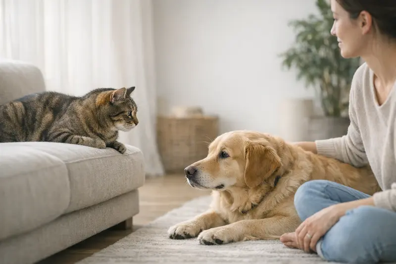 Ein Hund und eine Katze, die sich vorsichtig zu beschnüffeln beginnen und sich langsam aneinander gewöhnen.