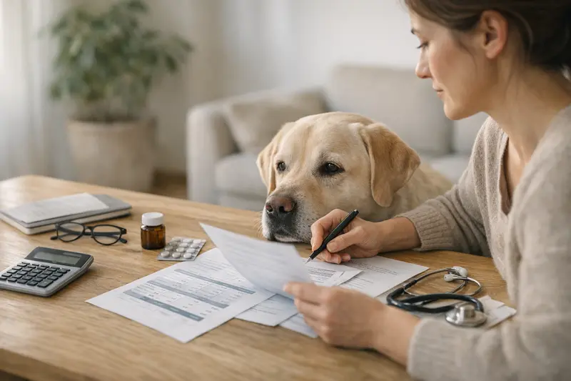Tarifvergleich für Tierkrankenversicherungen Frau vergleicht Versicherungstarife für ihren Hund und ihre Katze am Laptop.