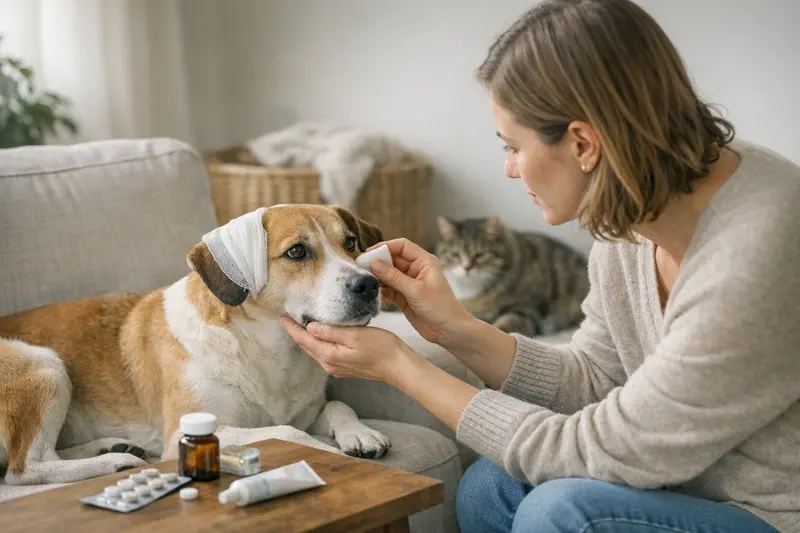 Hund und Katze interagieren sicher Hund und Katze spielen zusammen, symbolisieren die mögliche Ungewissheit von Verletzungen während Rangeleien.