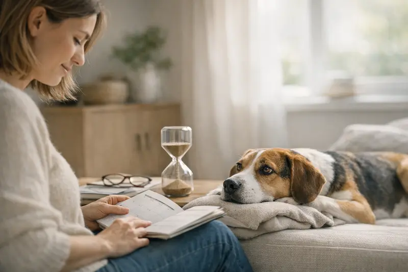 Hund und Katze in harmonischer Zusammenführung Ein Hund und eine Katze sitzen gemeinsam in einem ruhigen Raum, während das Thema Wartezeiten bei Tierversicherungen besprochen wird.