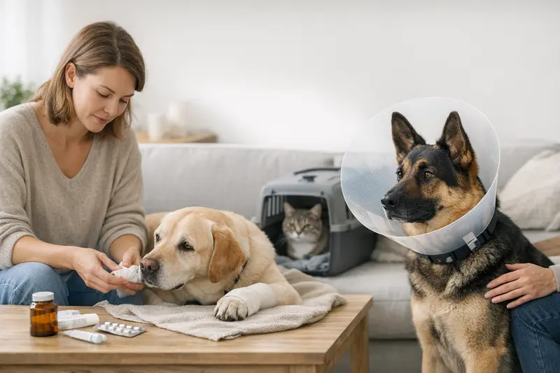 OP-Schutz vs. Krankenversicherung für Haustiere Ein verwirrter Hund und eine nachdenkliche Katze, die die verschiedenen Versicherungsoptionen abwägen.