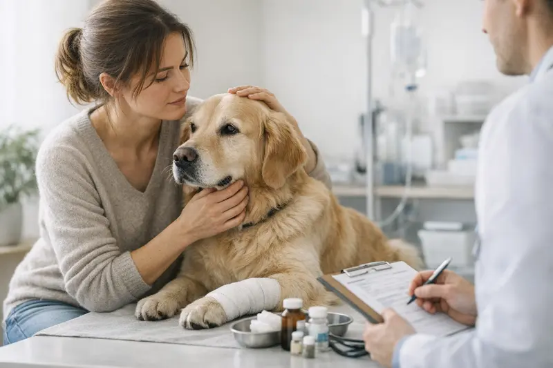 Tierarztpraxis mit einem Hund und einer Katze, die auf Behandlung warten.