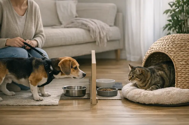 Erste Begegnung Hund und Katze Hund und Katze in kontrollierter Begegnung mit Leine und Rückzugsort.