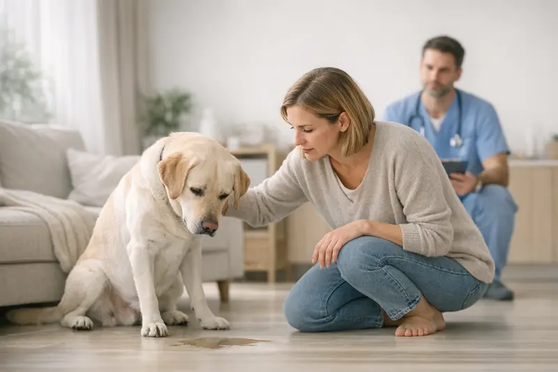 Hund Unsauberkeit Ein Hund sitzt an einem ruhigen Ort und wirkt nachdenklich, was auf Unsauberkeit hindeuten kann.