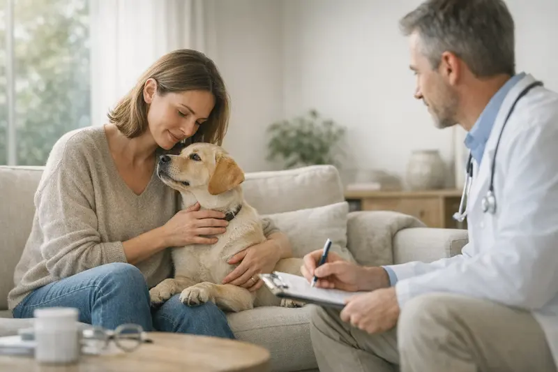 Frau mit Hund beim Tierarzt, um über Tierkrankenversicherung zu informieren.