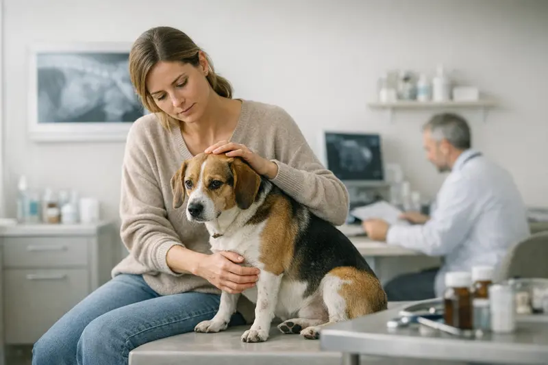 Tierarztuntersuchung Hund Unsauberkeit Ein Hundebesitzer lässt seinen Hund wegen Unsauberkeit beim Tierarzt untersuchen.