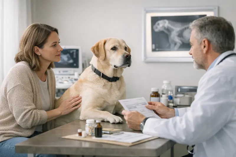 Wichtige Tarifmerkmale bei Hundegesundheit Ein Hund beim Tierarzt zur Untersuchung von Gesundheitssymptomen, wichtig für Versicherungsentscheidungen.