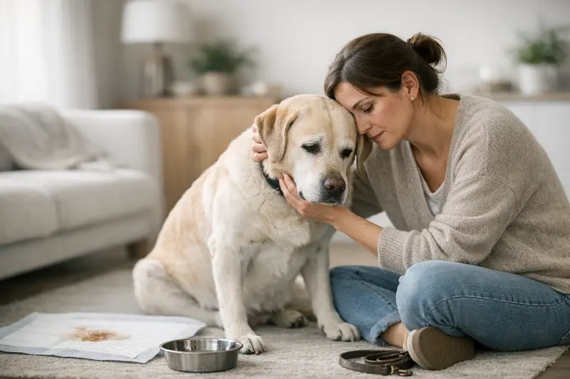 Ein Hund schaut besorgt, was auf gesundheitliche Probleme hinweisen könnte