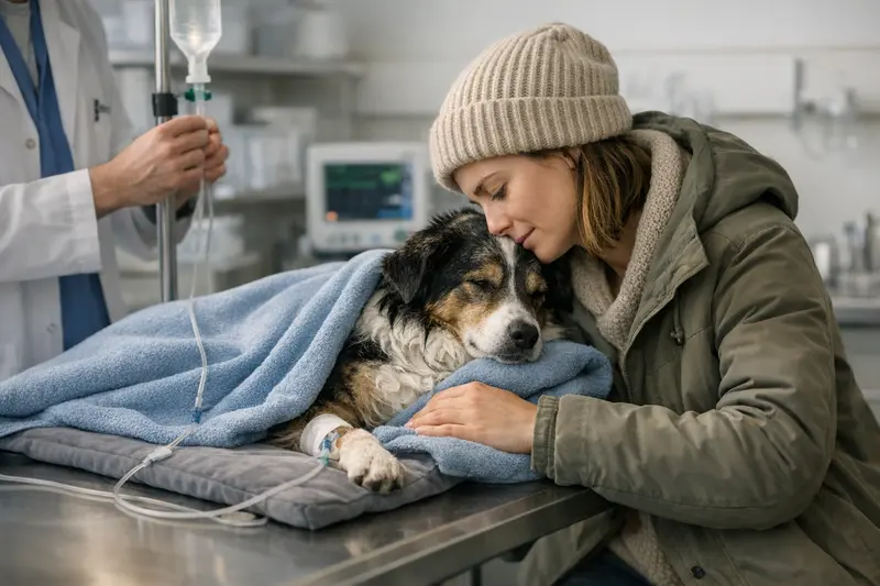 Hund in Decke gegen Unterkühlung Ein Hund, der in einer warmen Decke eingewickelt ist, symbolisiert die Notwendigkeit von Wärme bei Unterkühlung.