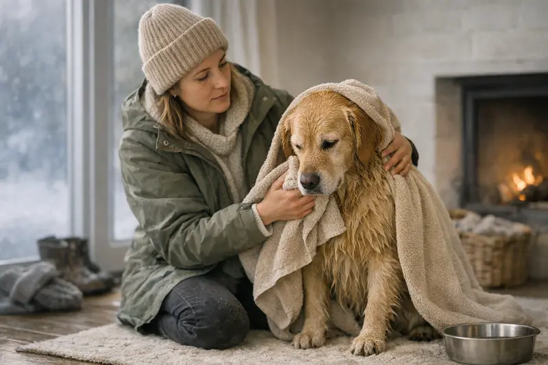 Erste-Hilfe-Maßnahme bei Kälteproblemen von Hunden Hund wird bei Kälteproblemen mit einer Decke gewärmt, um Wärmeverlust zu stoppen