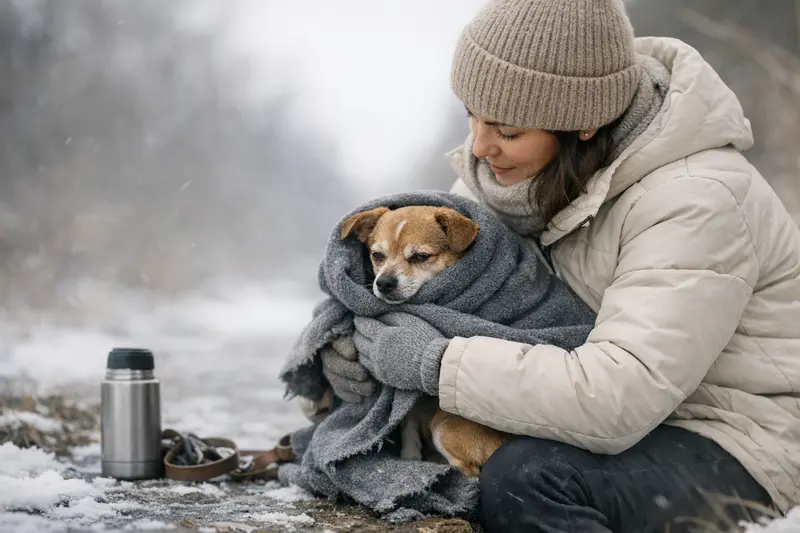 Hunde im Winter schützen Ein kleiner Hund mit kurzem Fell steht im Winter in der kalten Luft, während sein Besitzer ihm einen schützenden Mantel anzieht.