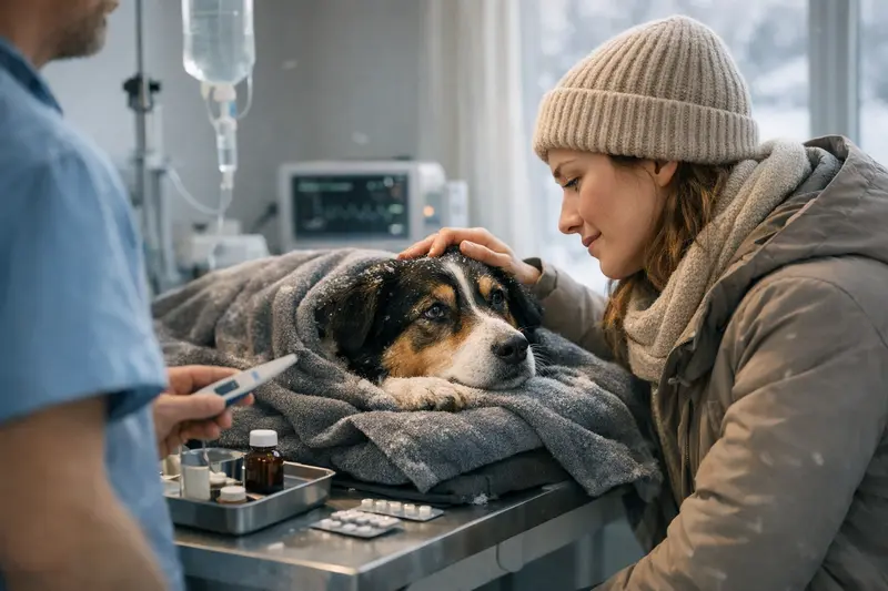 Hund in einer Winterlandschaft, während einer tierärztlichen Notbehandlung.