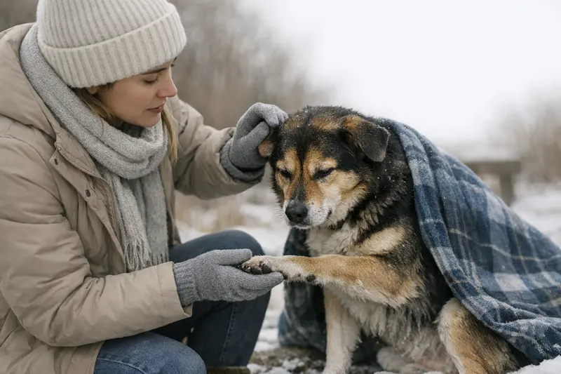 Anzeichen einer Unterkühlung beim Hund Hund mit kalten Pfoten zeigt Anzeichen einer Unterkühlung im Winter.
