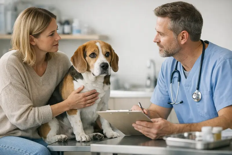 Hund beim Tierarzt: Urinprobleme und Krankenversicherung Ein Hund sitzt mit einem besorgten Blick auf dem Tierarzttisch, was wichtige Fragen zur Krankenversicherung aufwirft.