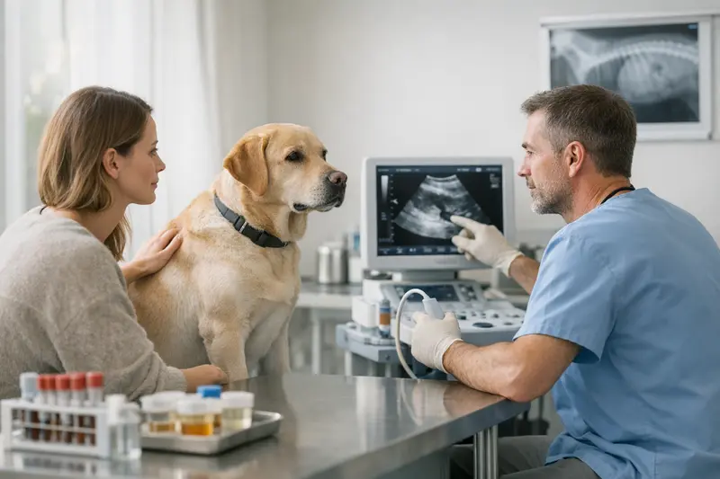 Tierarzt untersucht Hund mit Harnproblemen