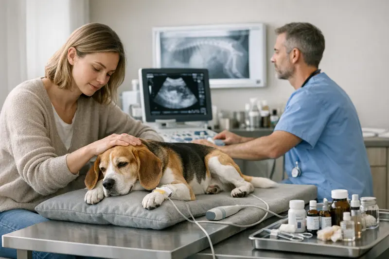 Wichtige Leistungen der Hunde-Krankenversicherung Tierarztbesuch eines Hundes zur Diagnostik von gesundheitlichen Problemen.