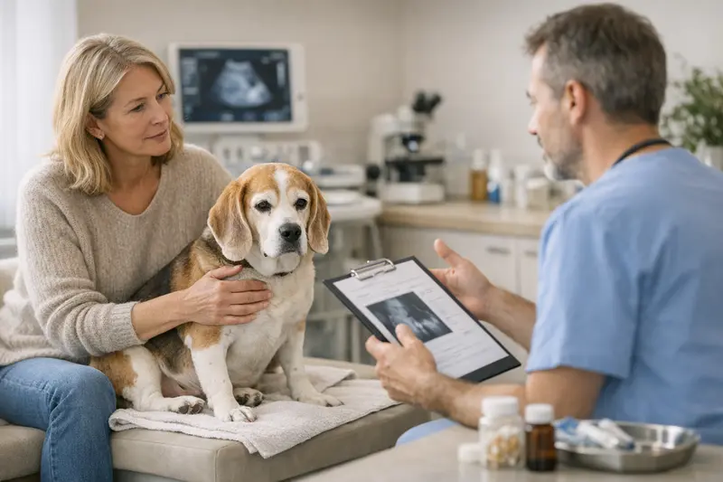 Tarifdetails für Hundekrankenversicherung bei wiederkehrenden Beschwerden Hund in der Tierarztpraxis bei der Kontrolle seiner Gesundheit bezüglich wiederkehrender Beschwerden.