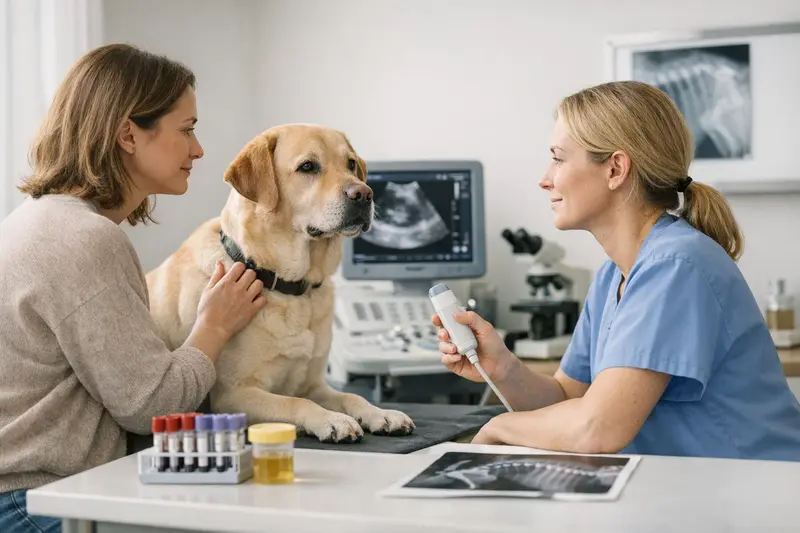 Tierarztkosten bei der Hundekrankheit Tierarzt untersucht einen Hund auf Symptome mit umfangreicher Diagnostik.