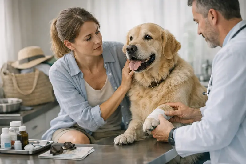 Tierärztliche Untersuchung im Urlaub Hund bei einer veterinärmedizinischen Untersuchung während des Urlaubs.