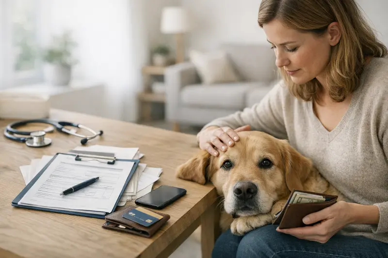 Vorbereitung auf Notfälle bei Hundekosten Hundehalter bereitet sich auf einen Notfall vor, indem er seine Versicherungsunterlagen und Kontaktdaten für die Tierarztpraxis bereitlegt.