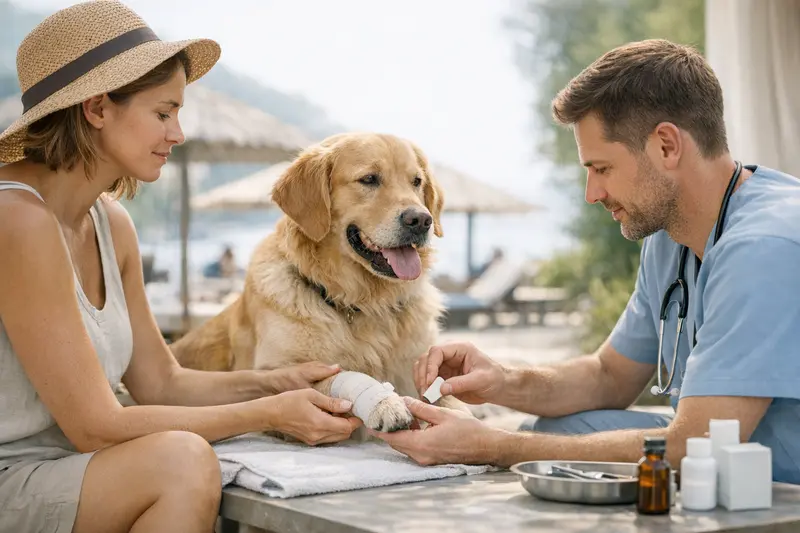 Ein Hund erhält eine Behandlung beim Tierarzt, wichtig für Urlauber mit Haustieren.