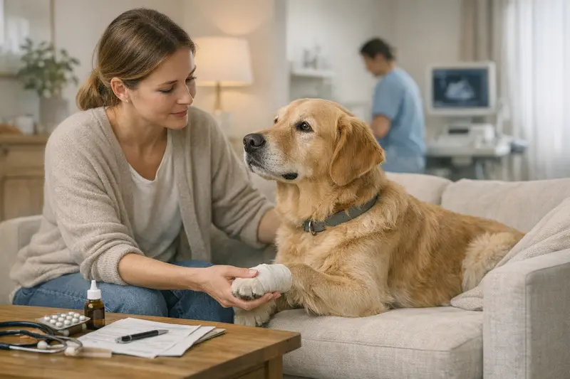 Ein Hund mit Tierarzt, der eine Behandlung erhält und über Versicherungsoptionen informiert wird.