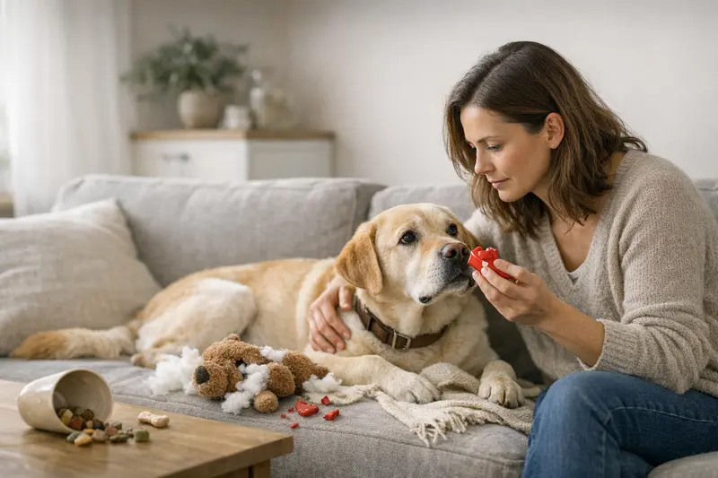 Hundeversicherung und Gesundheitsrisiken Ein Hund spielt mit einem Spielzeug und schaut neugierig auf einen Snack.