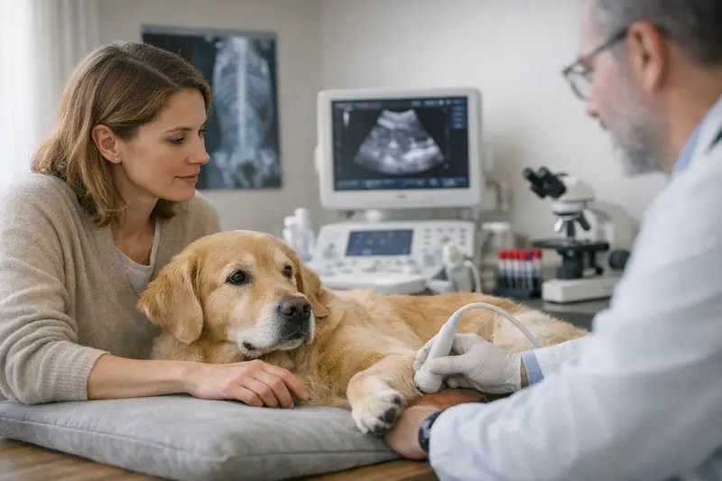 Tierarztkosten und Diagnostik beim Hund Tierarzt untersucht einen Hund und führt eine Blutuntersuchung durch zur Bestimmung der Diagnostik