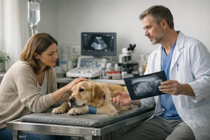Tierarztuntersuchung Hund Ein Tierarzt untersucht einen Hund auf mögliche Gesundheitsprobleme, um die Ursache zu identifizieren.