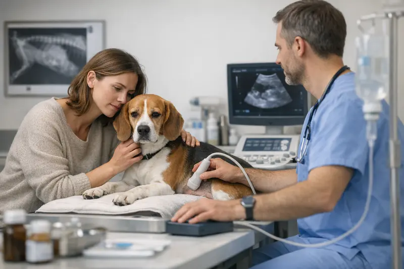 Hund beim Tierarzt mit Magen-Darm-Beschwerden Ein Hund beim Tierarzt, der auf Magen-Darm-Beschwerden untersucht wird.
